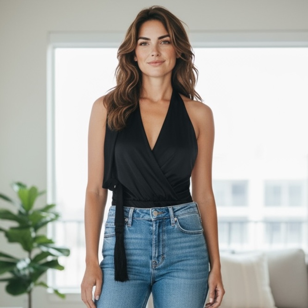 Haute Hippie Black Deep V-Neck Bodysuit
